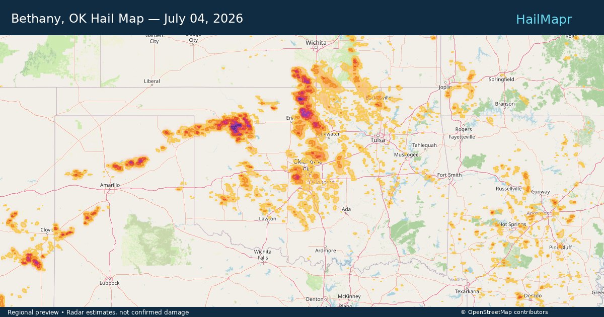 Bethany, OK Hail Map — July 04, 2026 — regional heatmap and storm polygons