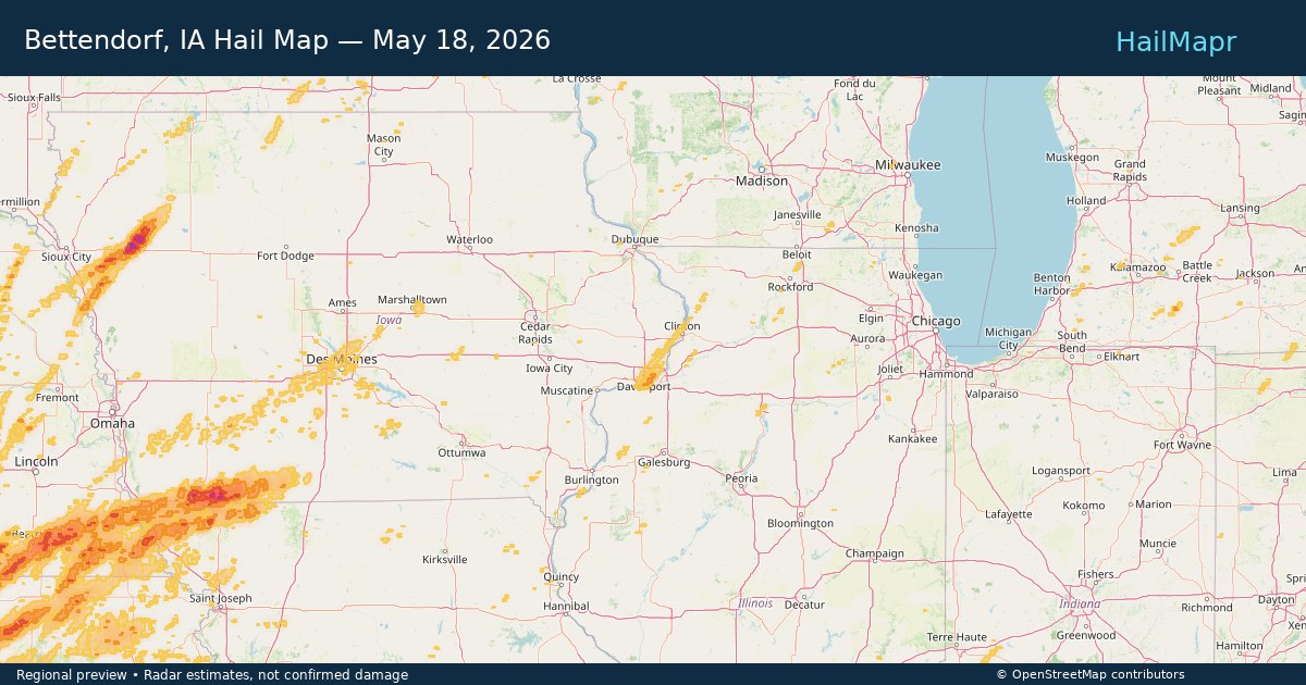 Bettendorf, IA Hail Map — May 18, 2026 — regional heatmap and storm polygons