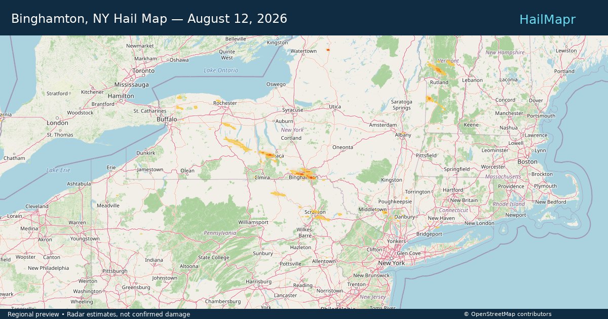 Binghamton, NY Hail Map — August 12, 2026 — regional heatmap and storm polygons