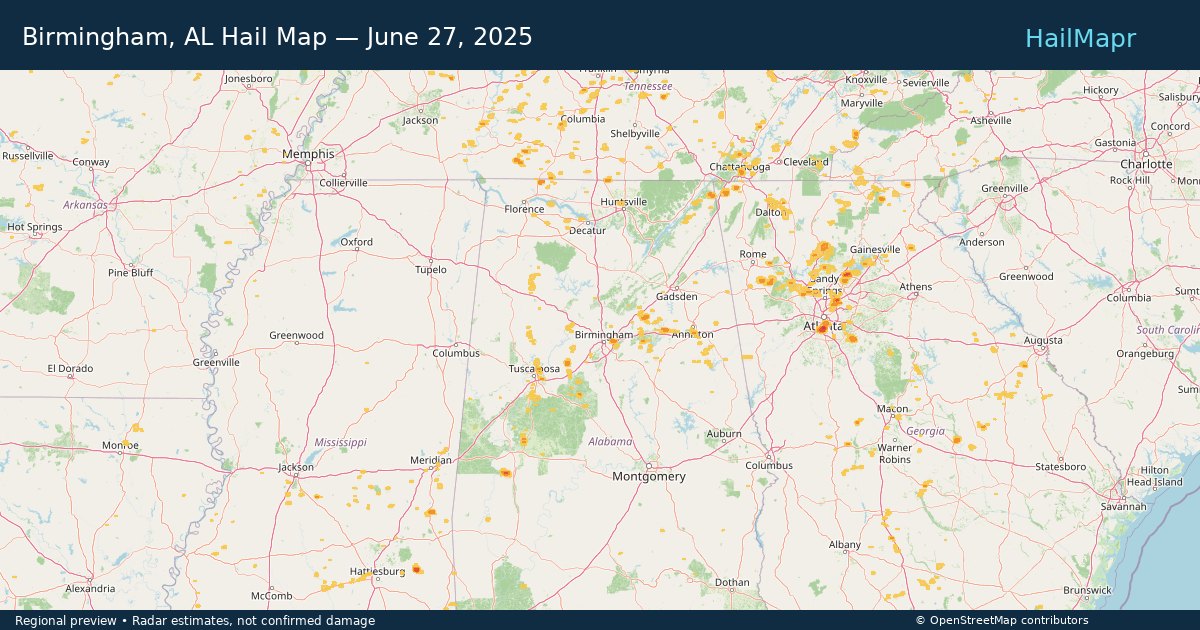 Birmingham, AL Hail Map — June 27, 2025 — regional heatmap and storm polygons