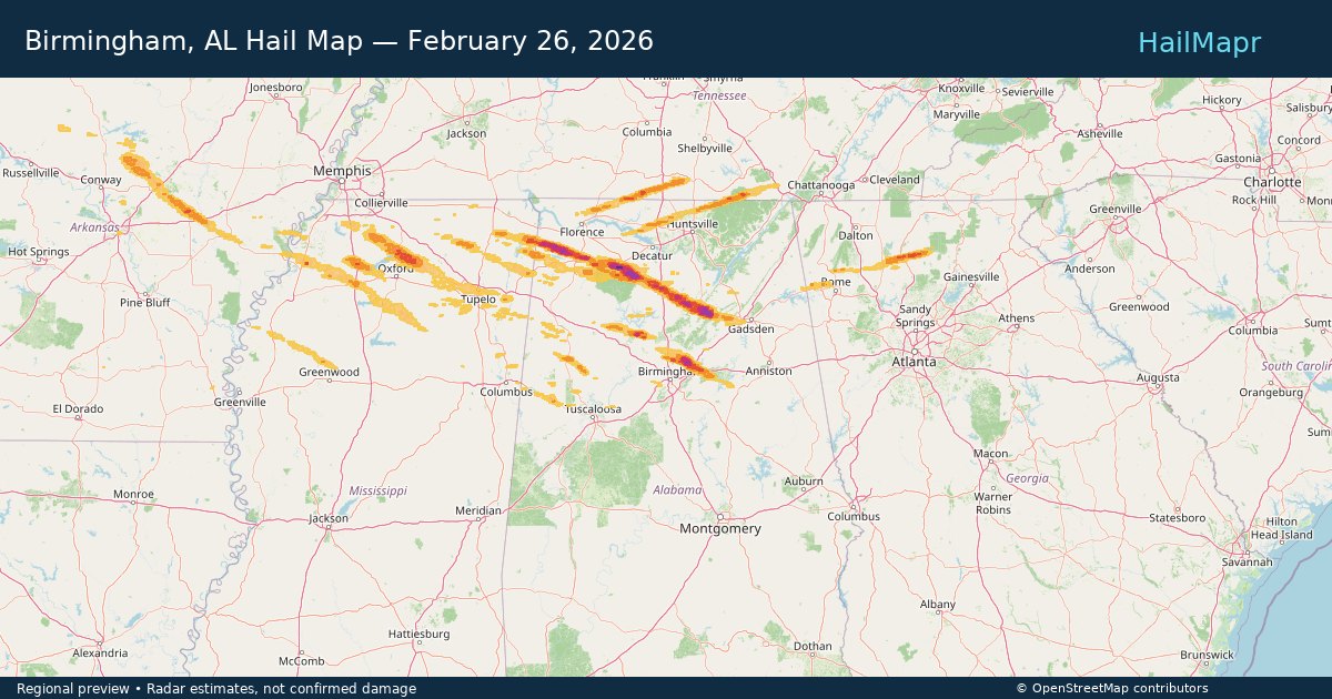 Birmingham, AL Hail Map — February 26, 2026 — regional heatmap and storm polygons