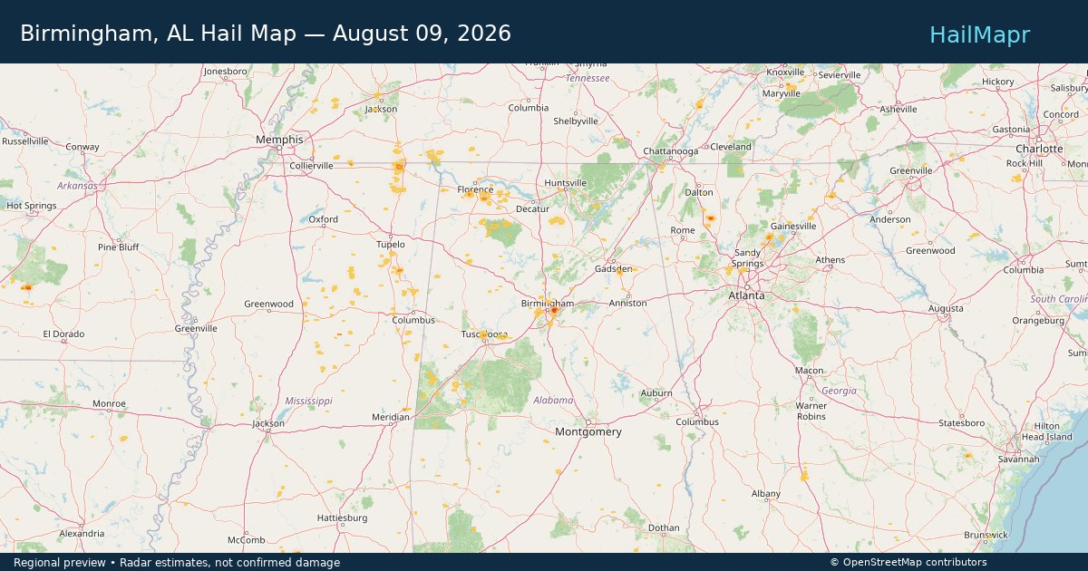 Birmingham, AL Hail Map — August 09, 2026 — regional heatmap and storm polygons