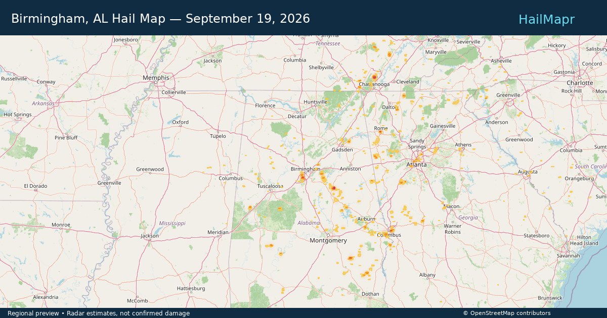 Birmingham, AL Hail Map — September 19, 2026 — regional heatmap and storm polygons