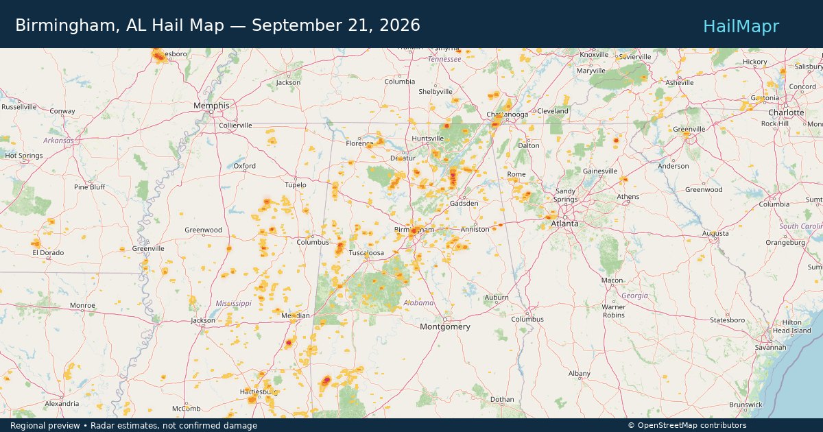 Birmingham, AL Hail Map — September 21, 2026 — regional heatmap and storm polygons