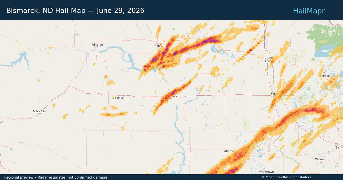 Bismarck, ND Hail Map — June 29, 2026 — regional heatmap and storm polygons