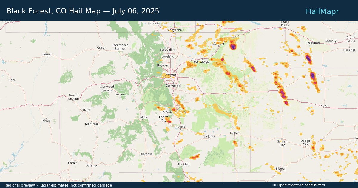Black Forest, CO Hail Map — July 06, 2025 — regional heatmap and storm polygons