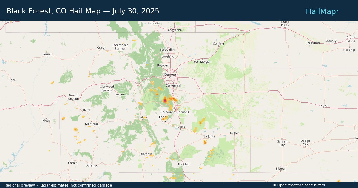 Black Forest, CO Hail Map — July 30, 2025 — regional heatmap and storm polygons