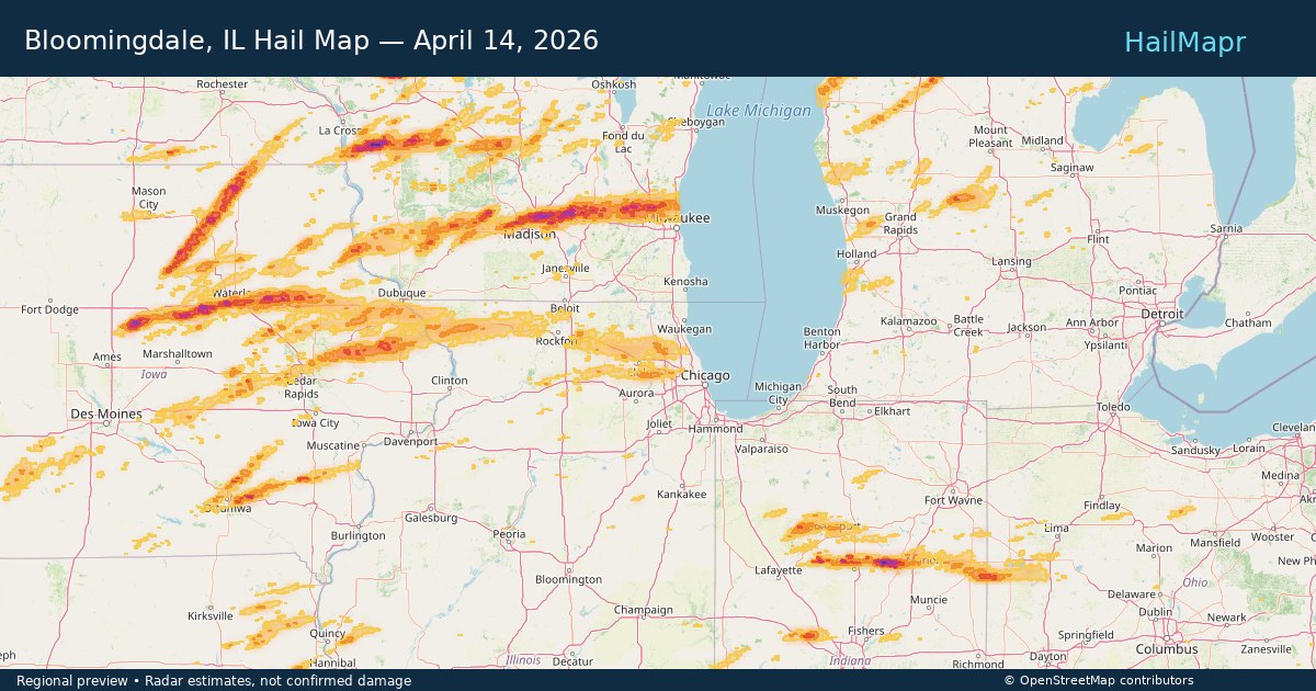 Bloomingdale, IL Hail Map — April 14, 2026 — regional heatmap and storm polygons