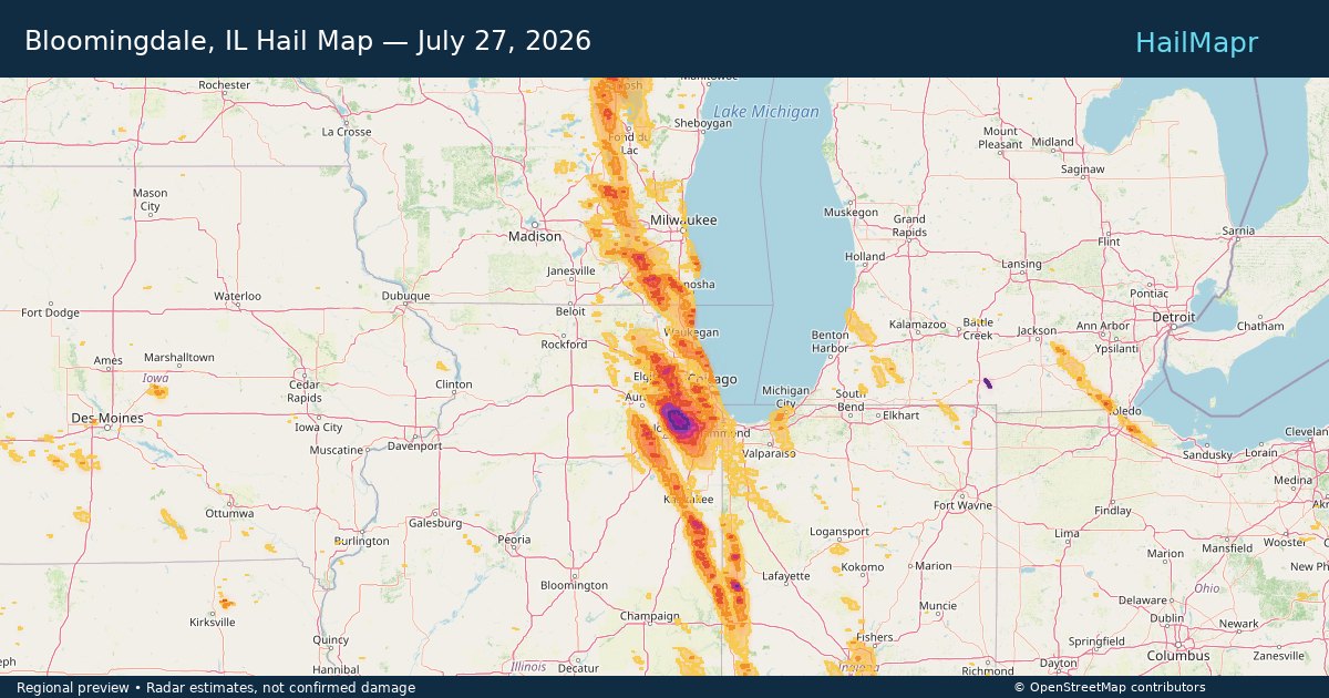 Bloomingdale, IL Hail Map — July 27, 2026 — regional heatmap and storm polygons