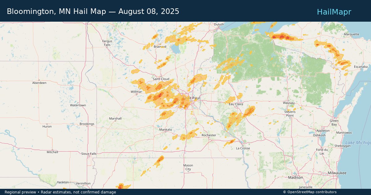 Bloomington, MN Hail Map — August 08, 2025 — regional heatmap and storm polygons