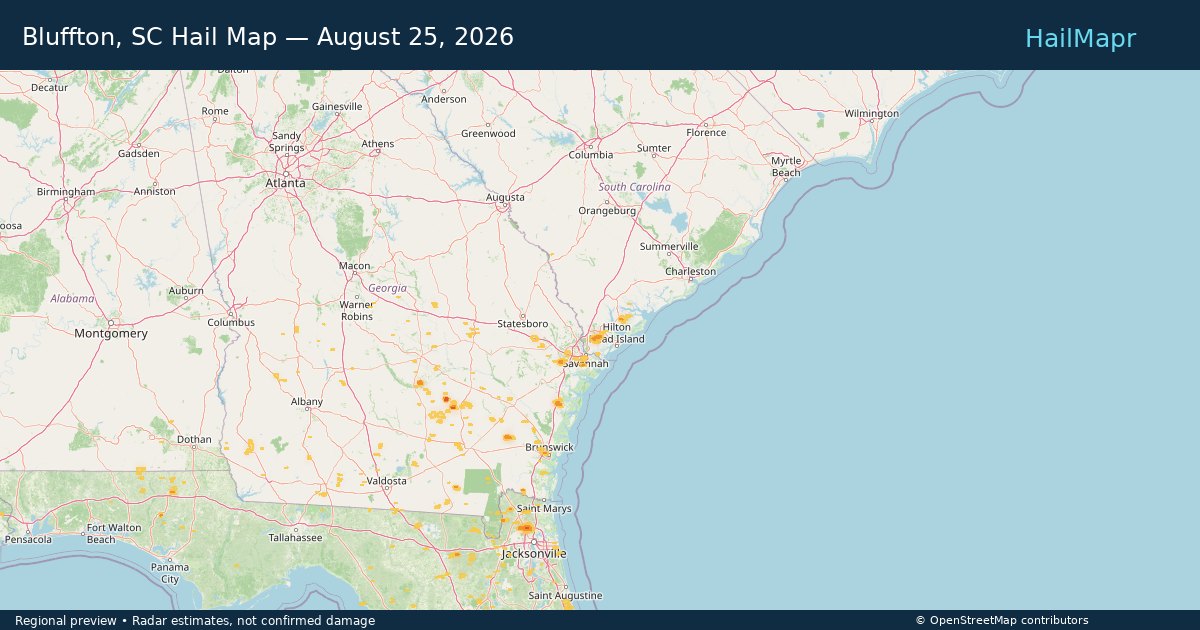 Bluffton, SC Hail Map — August 25, 2026 — regional heatmap and storm polygons
