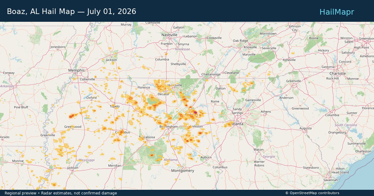 Boaz, AL — July 01, 2026 — regional hail footprint preview