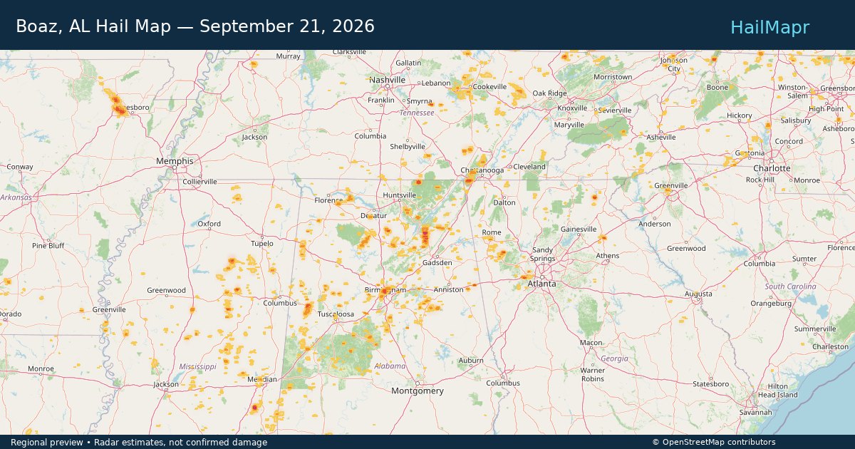 Boaz, AL Hail Map — September 21, 2026 — regional heatmap and storm polygons