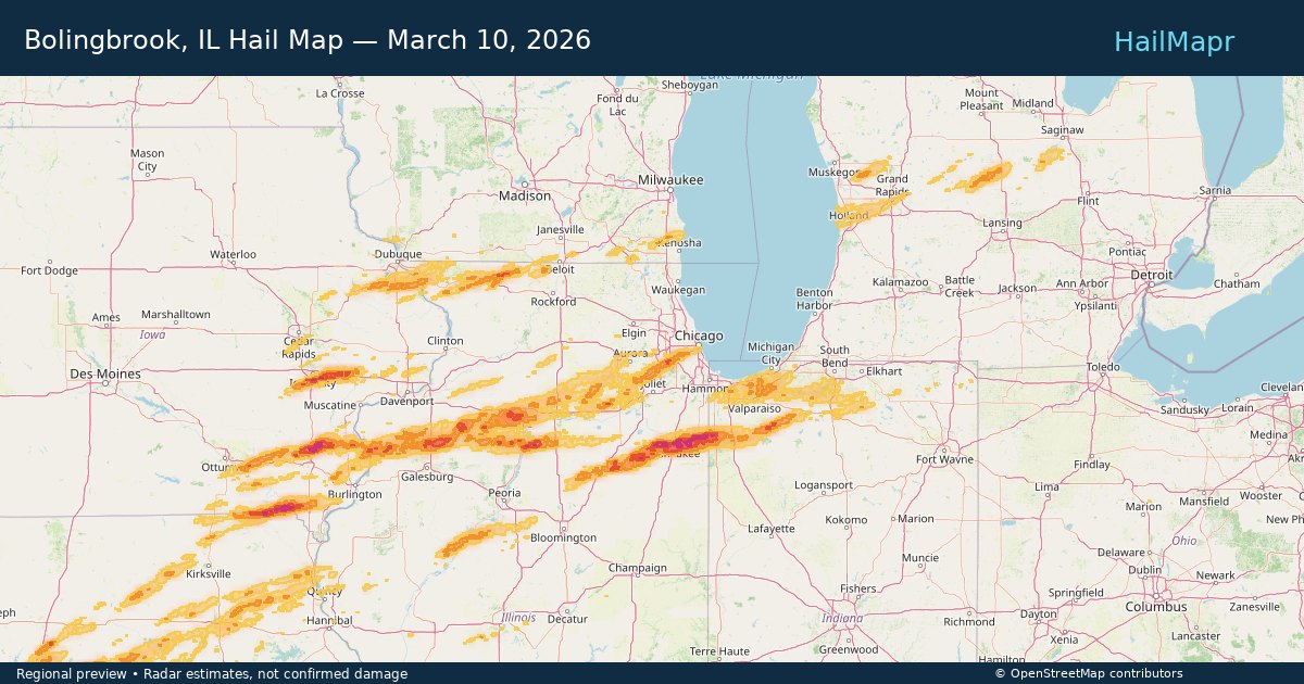 Bolingbrook, IL Hail Map — March 10, 2026 — regional heatmap and storm polygons