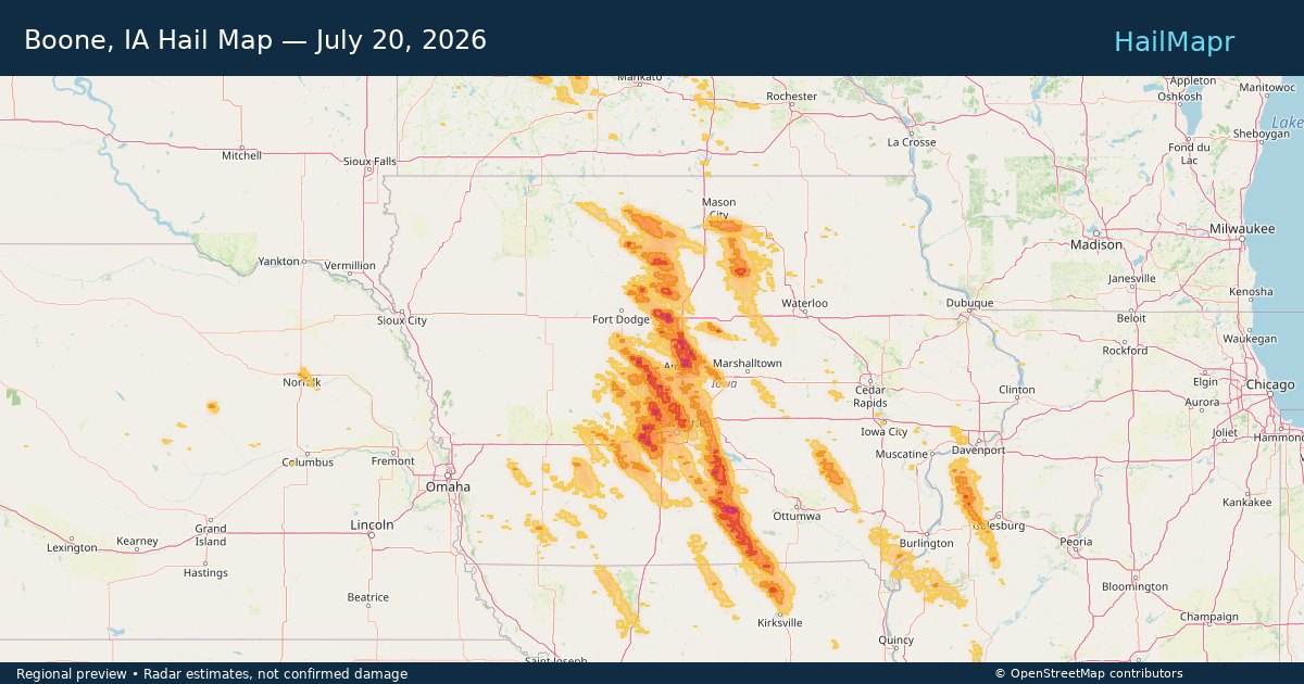 Boone, IA Hail Map — July 20, 2026 — regional heatmap and storm polygons