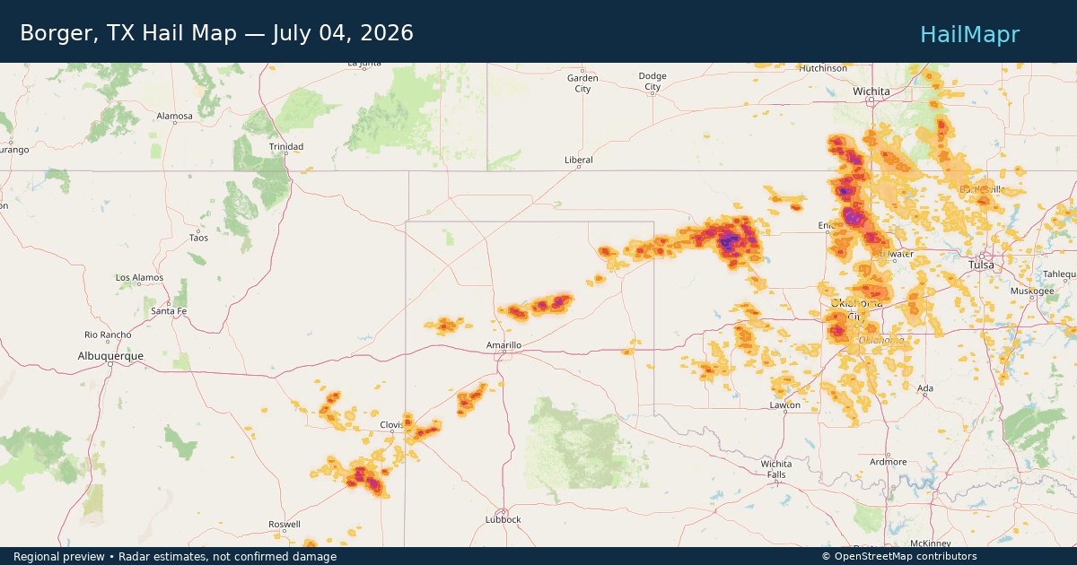 Borger, TX Hail Map — July 04, 2026 — regional heatmap and storm polygons