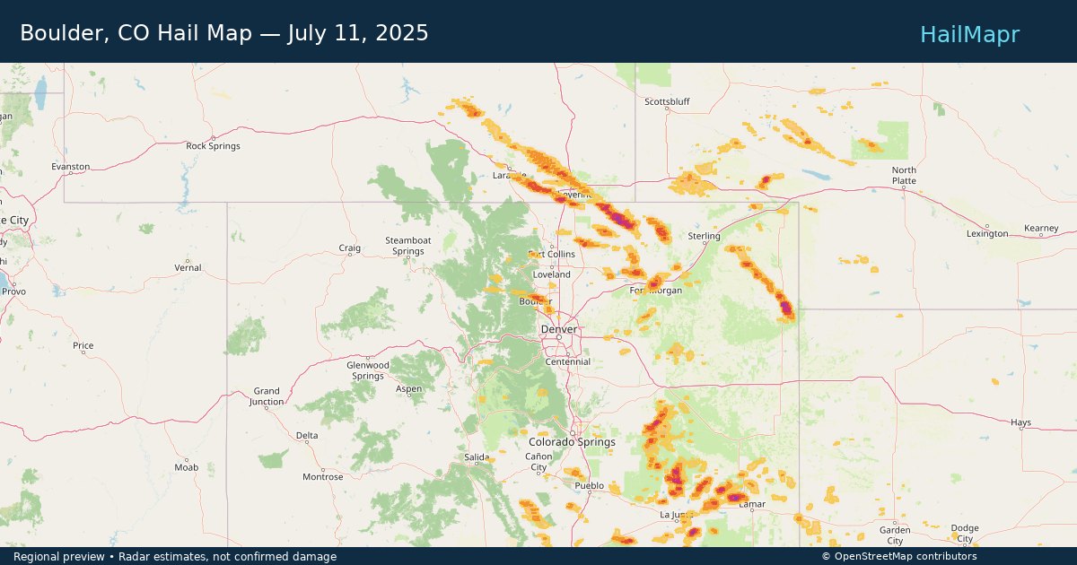 Boulder, CO Hail Map — July 11, 2025 — regional heatmap and storm polygons