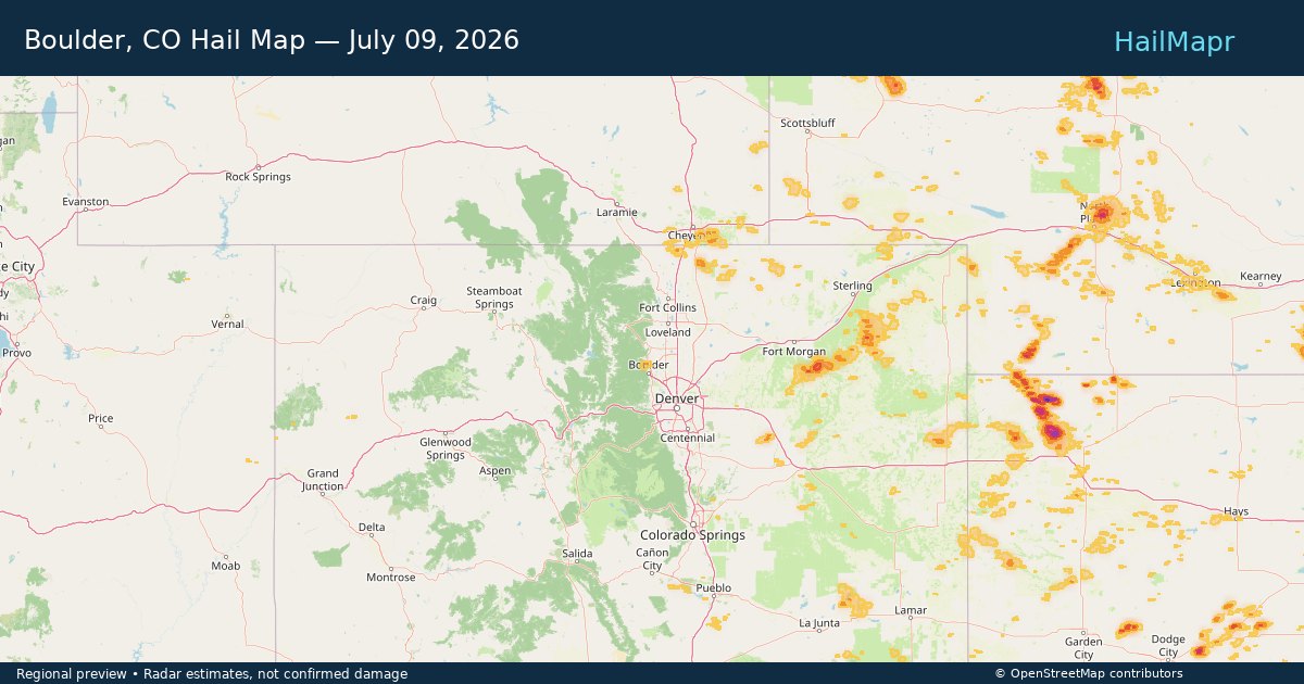 Boulder, CO Hail Map — July 09, 2026 — regional heatmap and storm polygons