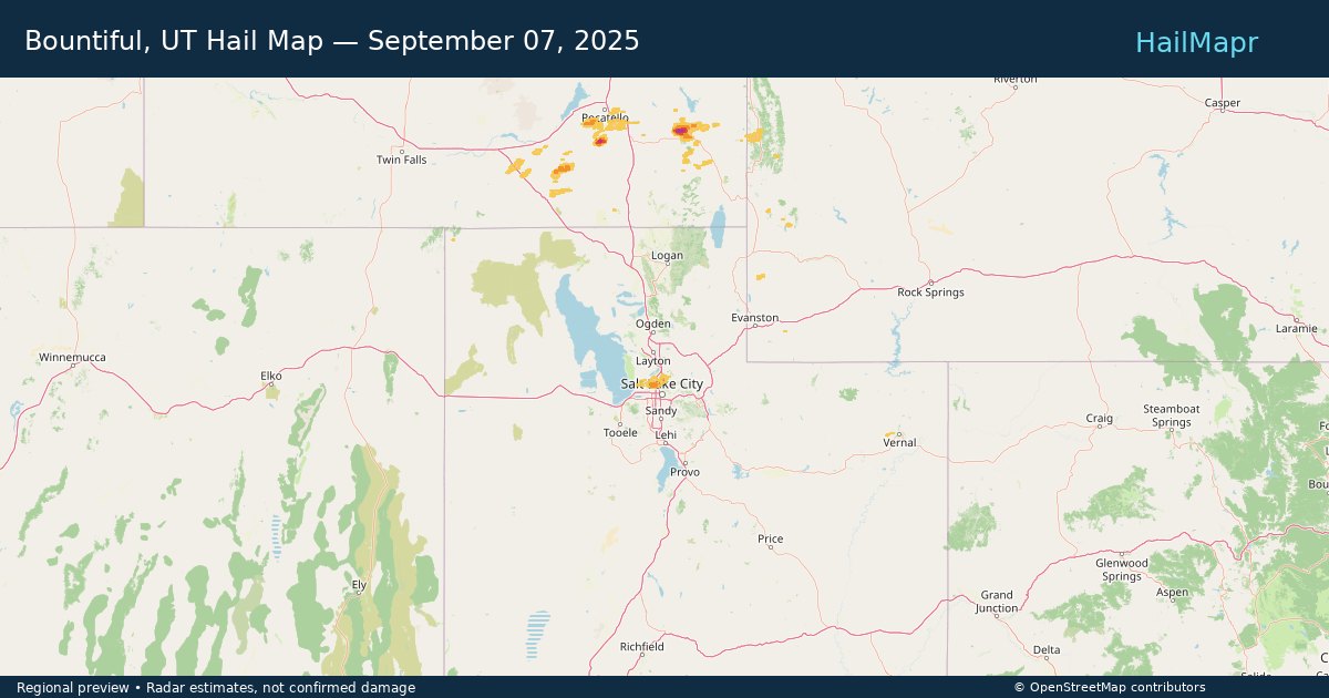 Bountiful, UT Hail Map — September 07, 2025 — regional heatmap and storm polygons