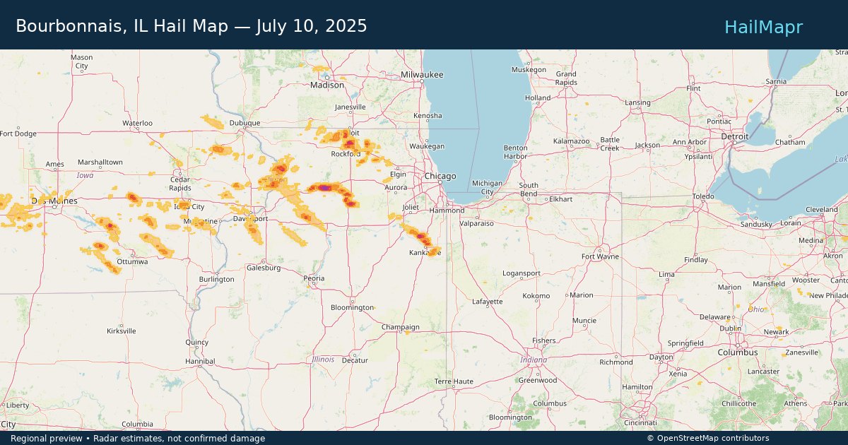 Bourbonnais, IL Hail Map — July 10, 2025 — regional heatmap and storm polygons