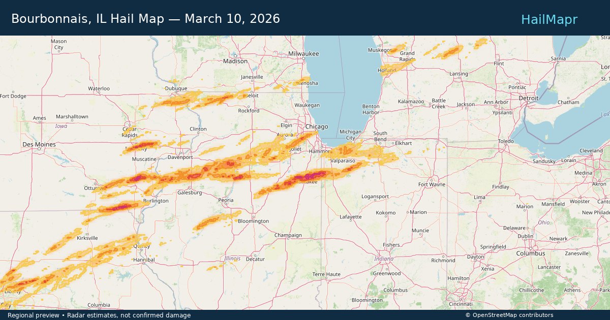 Bourbonnais, IL Hail Map — March 10, 2026 — regional heatmap and storm polygons