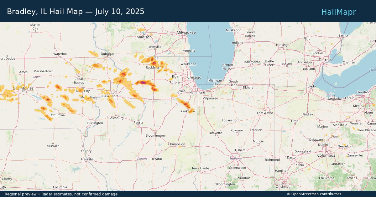Bradley, IL Hail Map — July 10, 2025 — regional heatmap and storm polygons