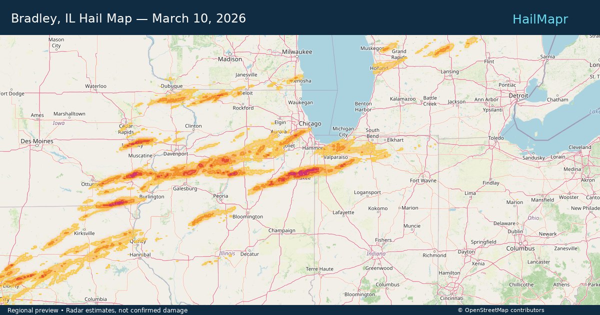 Bradley, IL Hail Map — March 10, 2026 — regional heatmap and storm polygons
