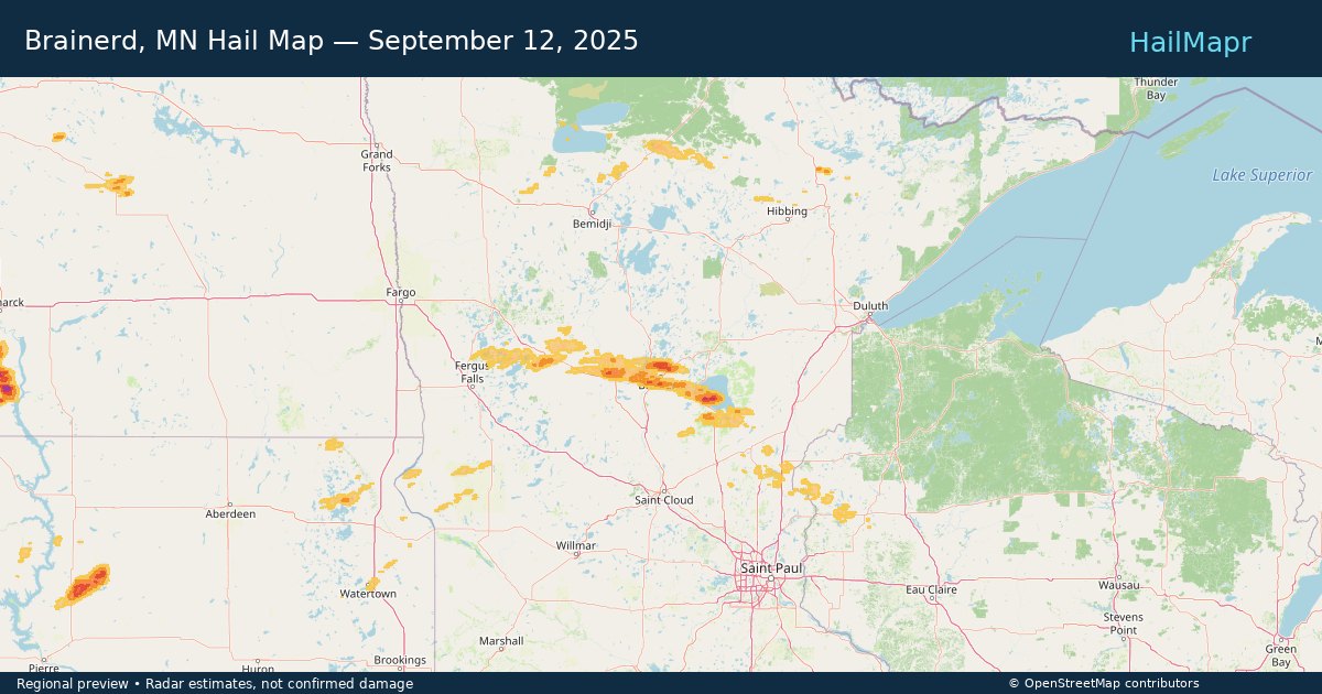 Brainerd, MN Hail Map — September 12, 2025 — regional heatmap and storm polygons