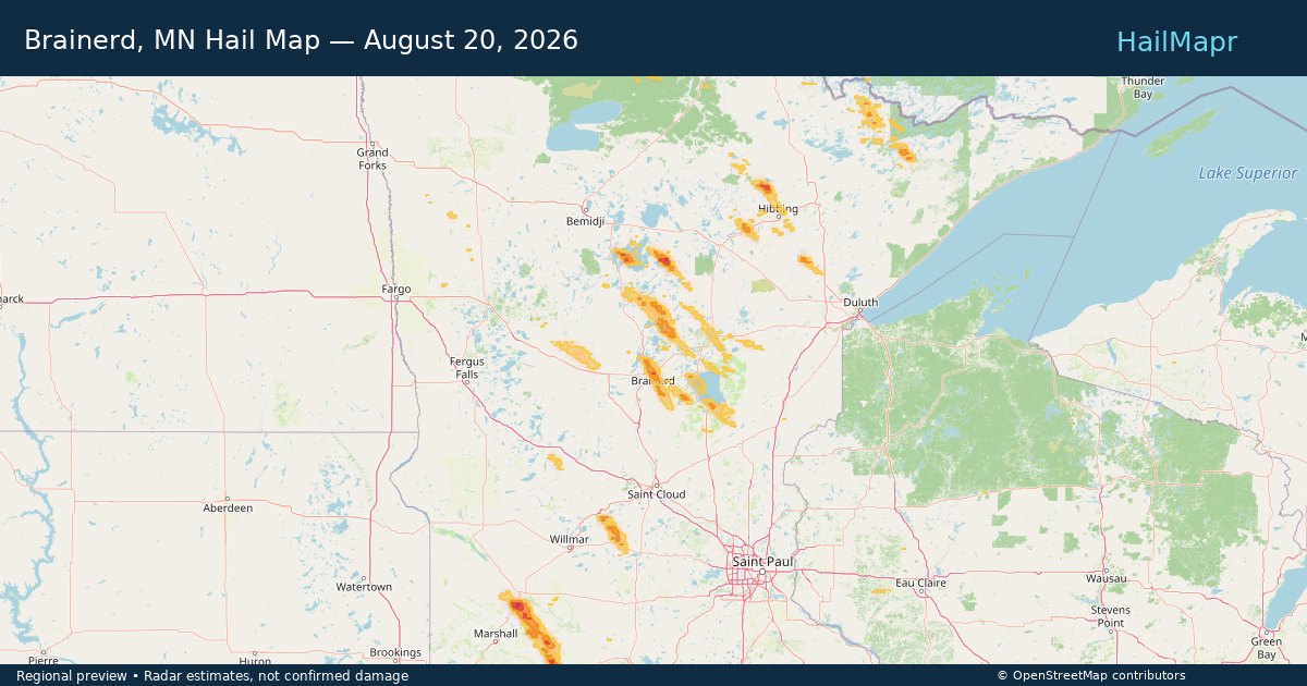 Brainerd, MN Hail Map — August 20, 2026 — regional heatmap and storm polygons