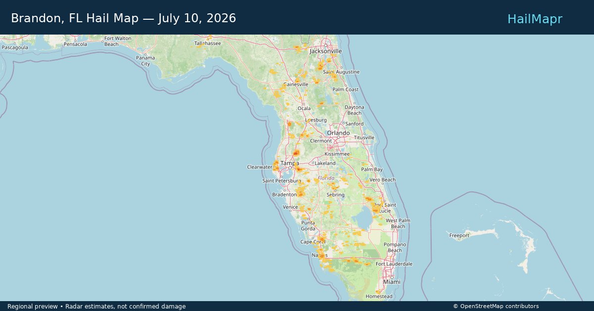 Brandon, FL Hail Map — July 10, 2026 — regional heatmap and storm polygons