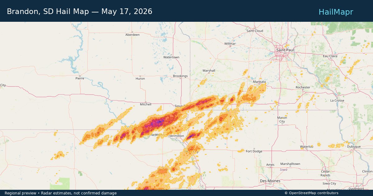 Brandon, SD Hail Map — May 17, 2026 — regional heatmap and storm polygons