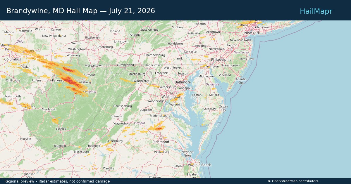 Brandywine, MD Hail Map — July 21, 2026 — regional heatmap and storm polygons