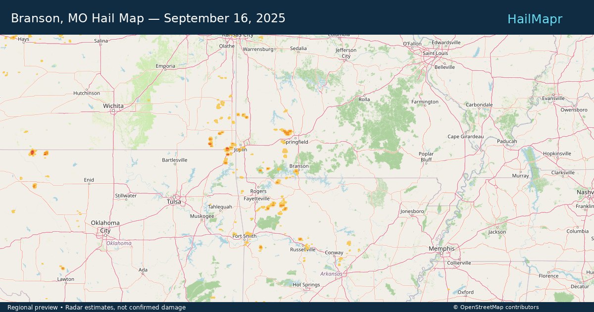 Branson, MO Hail Map — September 16, 2025 — regional heatmap and storm polygons