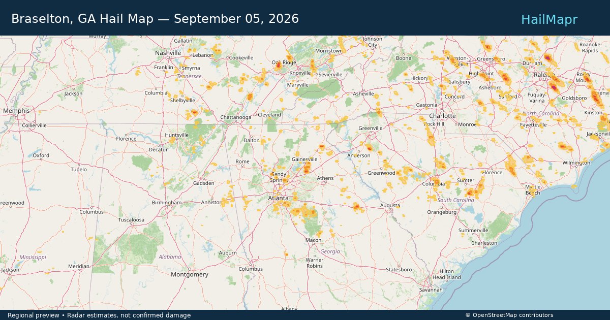 Braselton, GA Hail Map — September 05, 2026 — regional heatmap and storm polygons