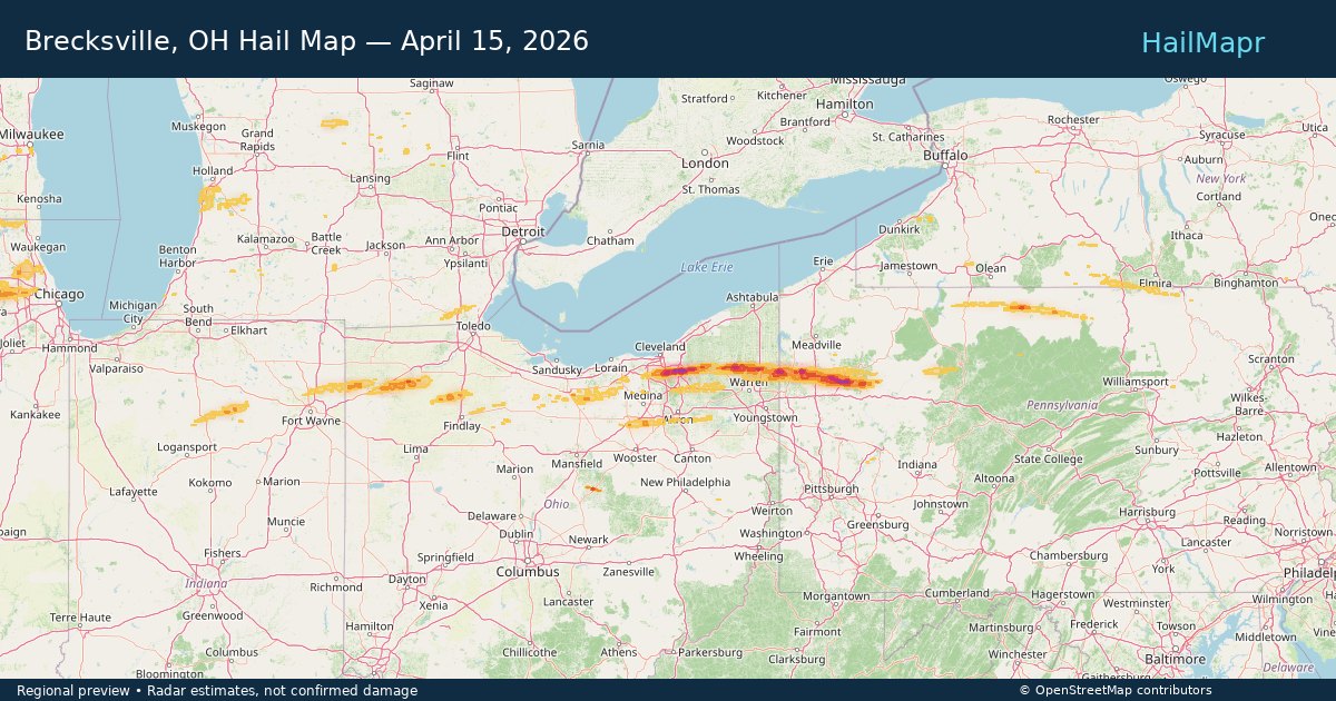 Brecksville, OH Hail Map — April 15, 2026 — regional heatmap and storm polygons