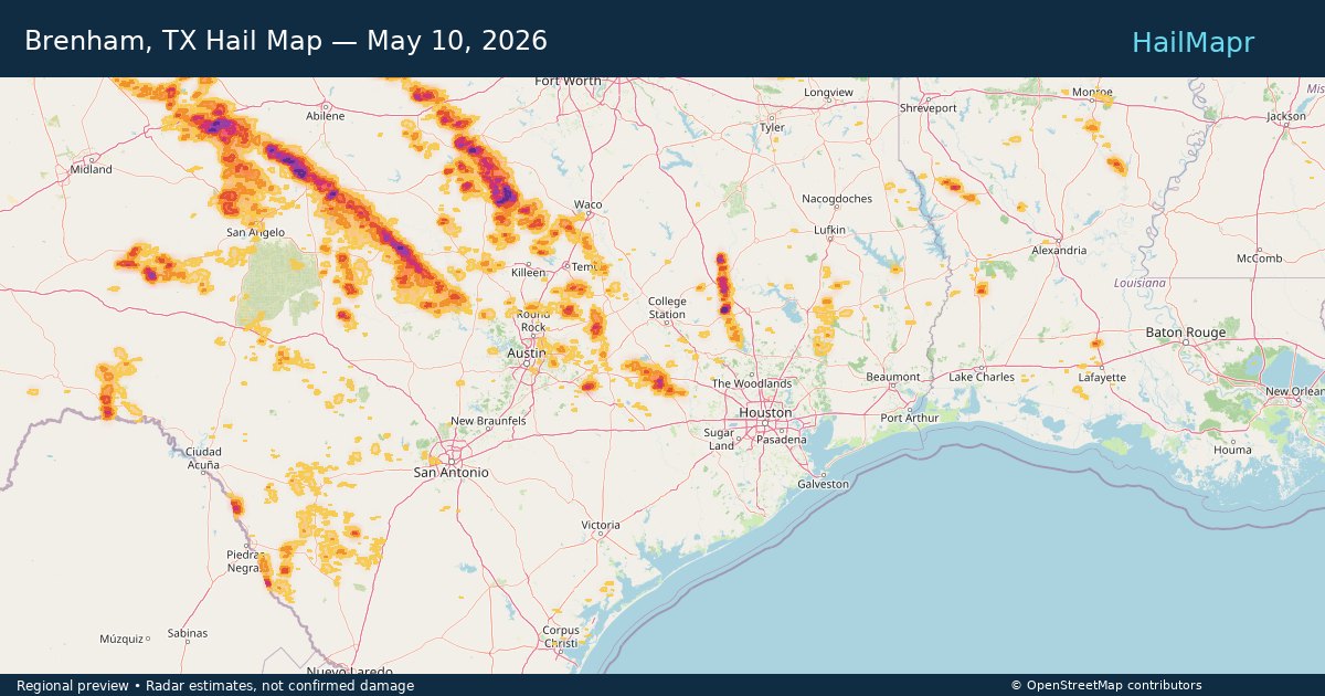 Brenham, TX — May 10, 2026 — regional hail footprint preview