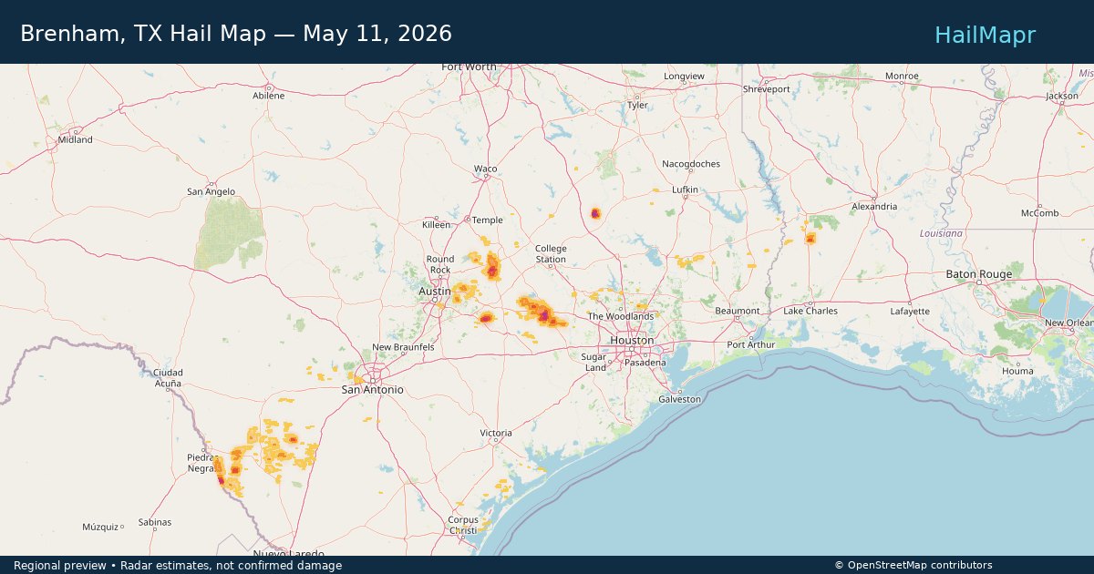 Brenham, TX Hail Map — May 11, 2026 — regional heatmap and storm polygons