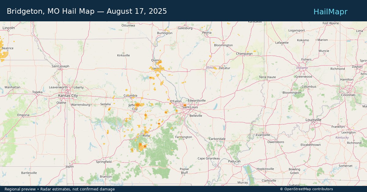 Bridgeton, MO Hail Map — August 17, 2025 — regional heatmap and storm polygons