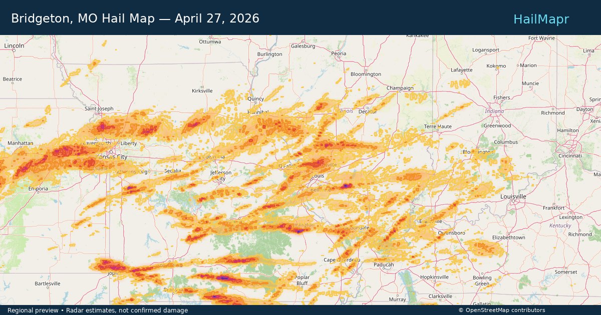Bridgeton, MO Hail Map — April 27, 2026 — regional heatmap and storm polygons