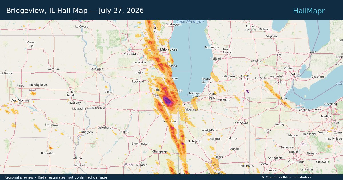 Bridgeview, IL Hail Map — July 27, 2026 — regional heatmap and storm polygons