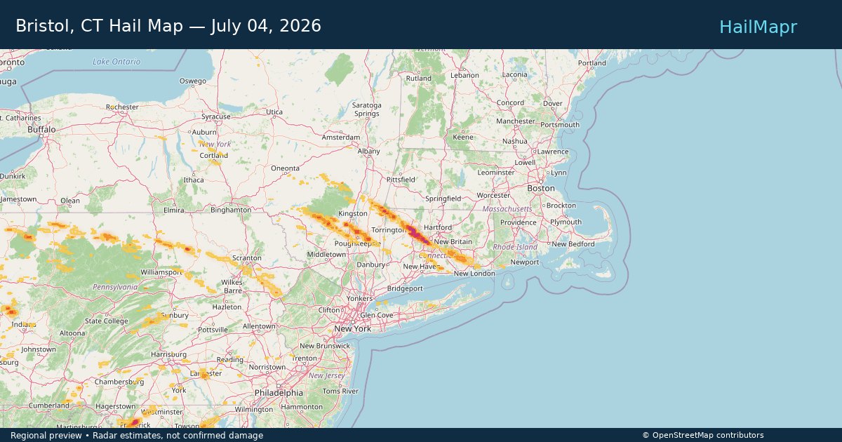 Bristol, CT Hail Map — July 04, 2026 — regional heatmap and storm polygons