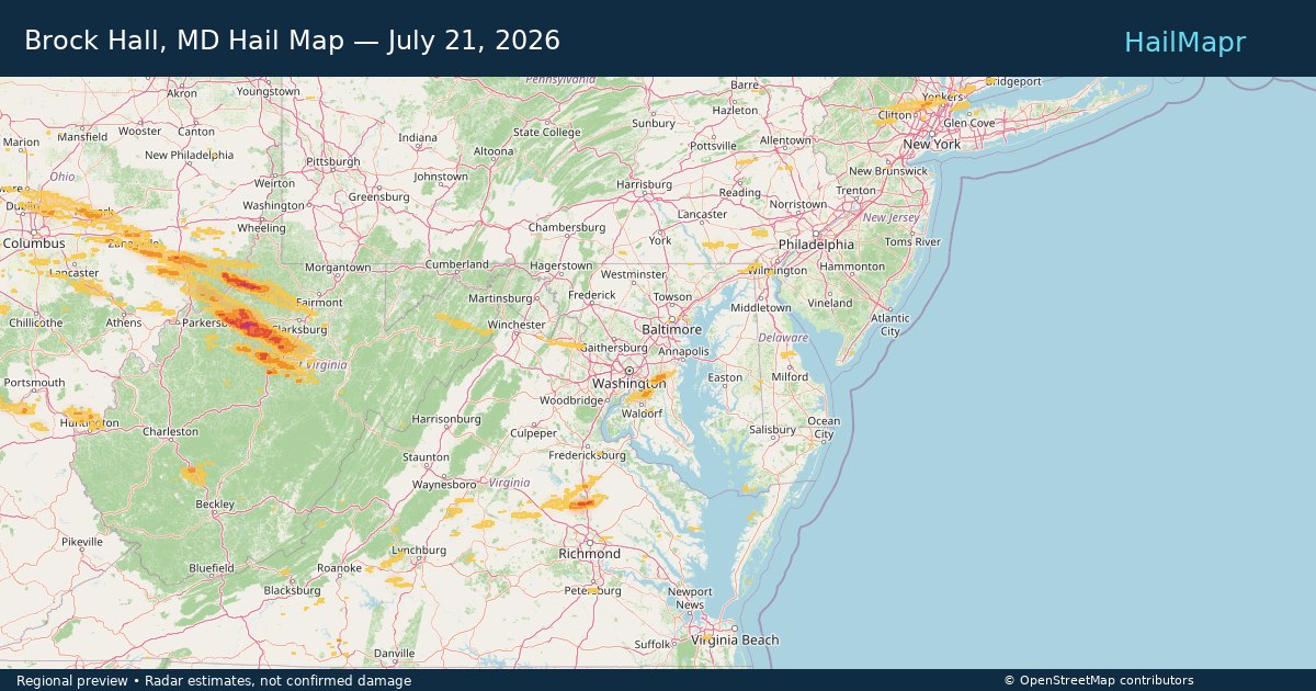 Brock Hall, MD Hail Map — July 21, 2026 — regional heatmap and storm polygons