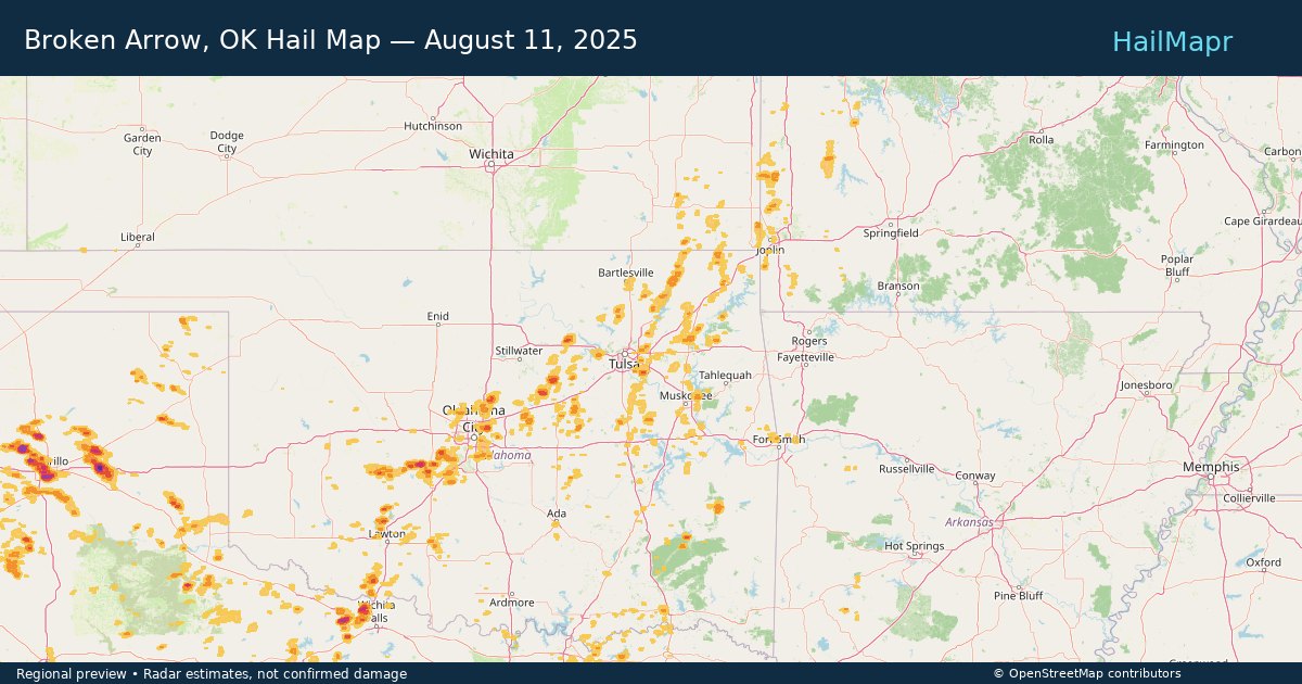 Broken Arrow, OK — August 11, 2025 — regional hail footprint preview