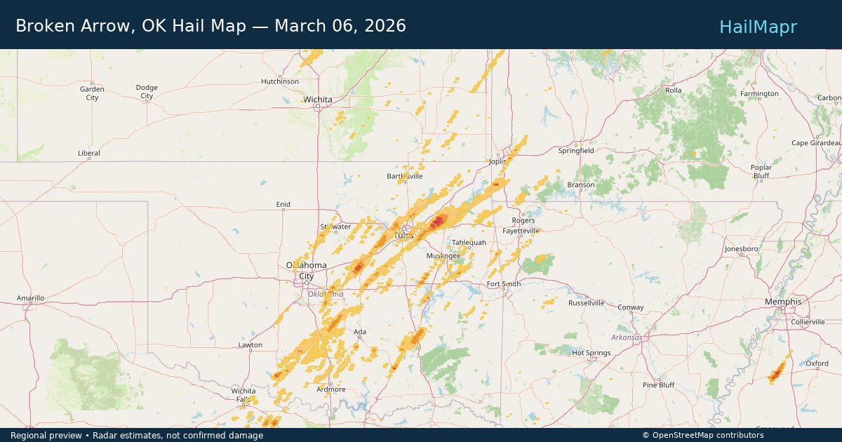 Broken Arrow, OK Hail Map — March 06, 2026 — regional heatmap and storm polygons