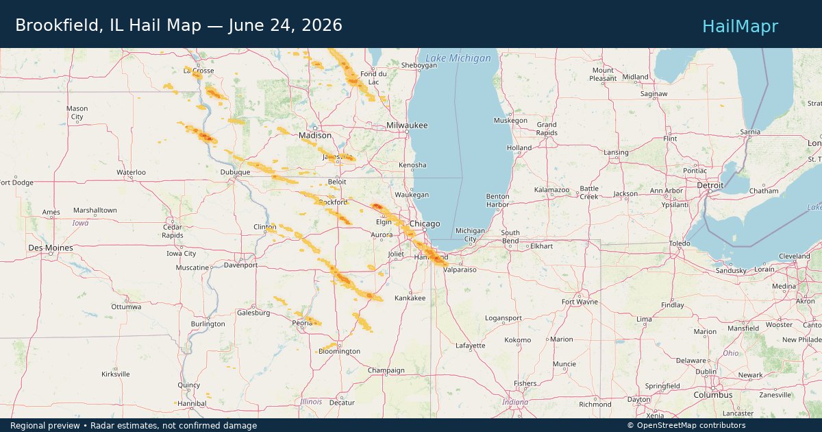 Brookfield, IL Hail Map — June 24, 2026 — regional heatmap and storm polygons