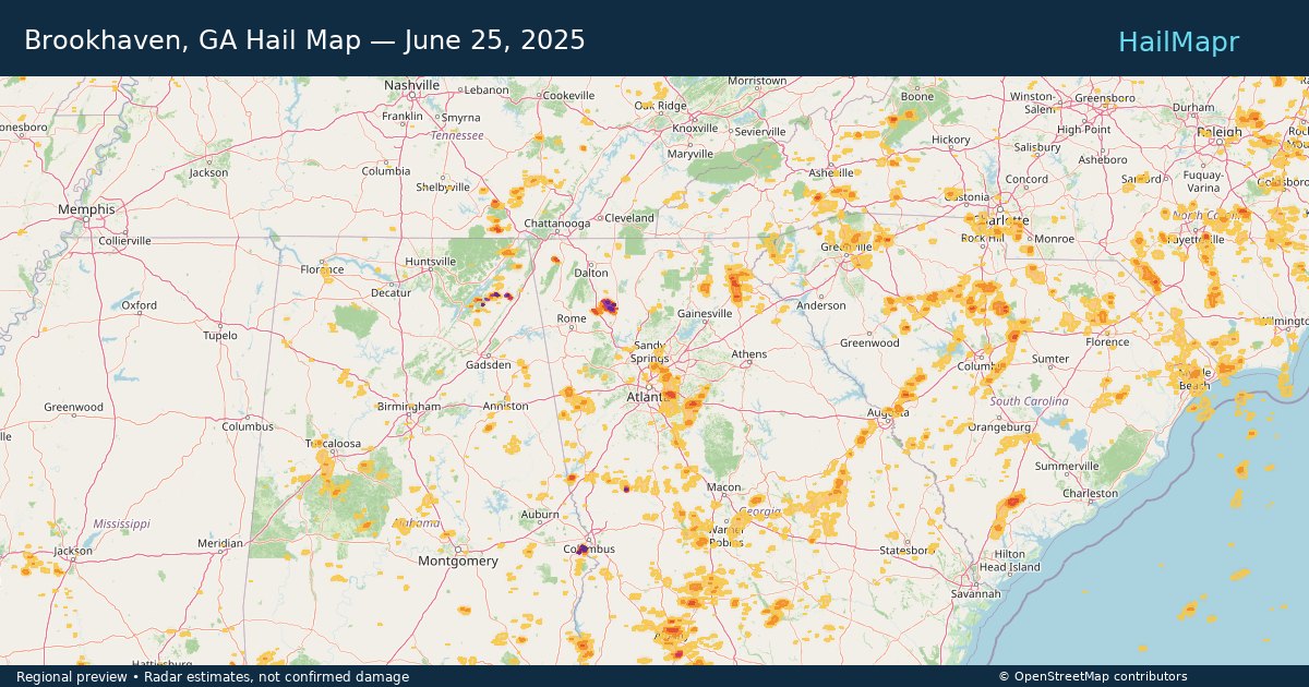 Brookhaven, GA Hail Map — June 25, 2025 — regional heatmap and storm polygons