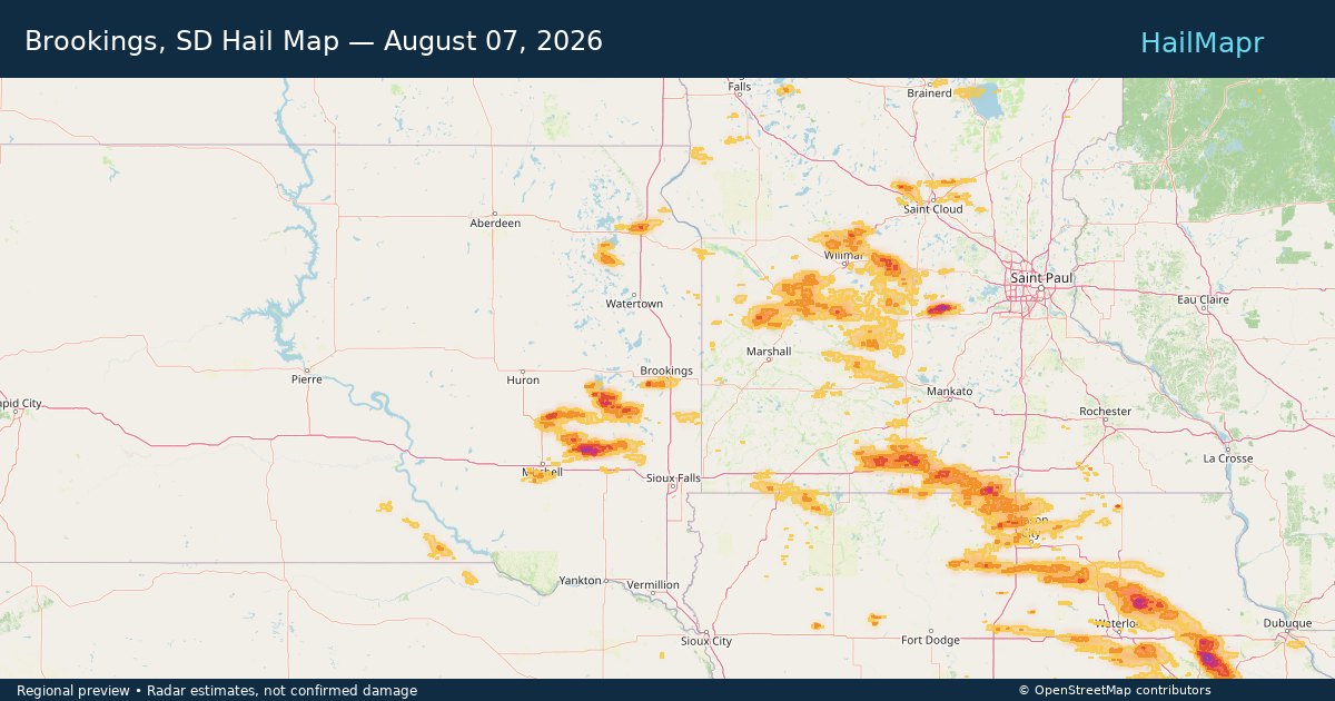 Brookings, SD Hail Map — August 07, 2026 — regional heatmap and storm polygons