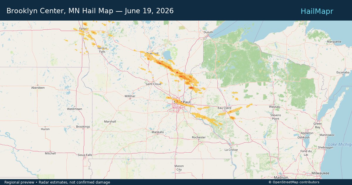Brooklyn Center, MN Hail Map — June 19, 2026 — regional heatmap and storm polygons