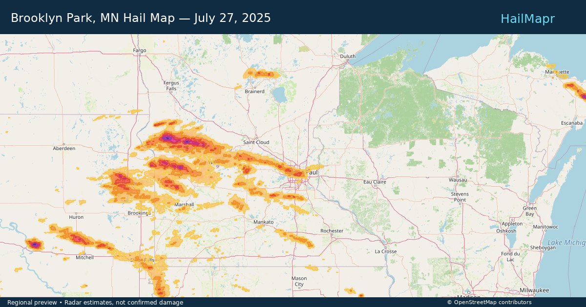 Brooklyn Park, MN Hail Map — July 27, 2025 — regional heatmap and storm polygons
