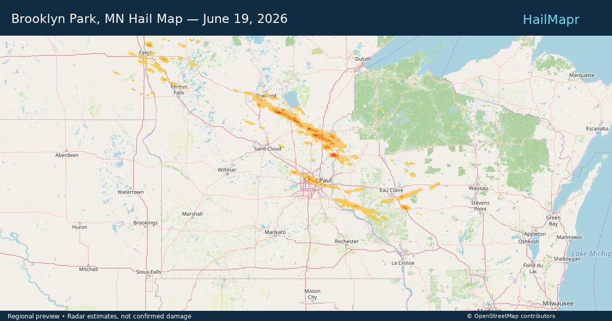 Brooklyn Park, MN Hail Map — June 19, 2026 — regional heatmap and storm polygons